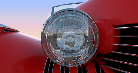 Image showing Headlight and hood of red retro car