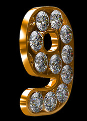 Image showing Golden 9 numeral incrusted with diamonds