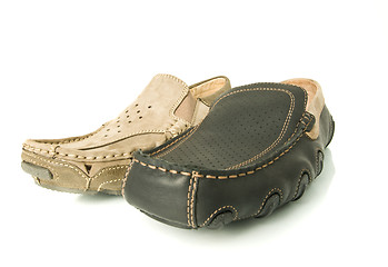 Image showing Modern beige and black mens moccasins 