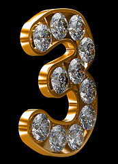 Image showing Golden 3 numeral incrusted with diamonds