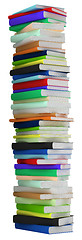 Image showing Education and wisdom. Tall heap of hardcovered books