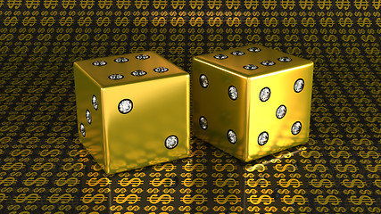 Image showing Two golden dies with gems over US dollar background