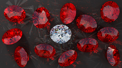 Image showing Crystal diamond among red rubies