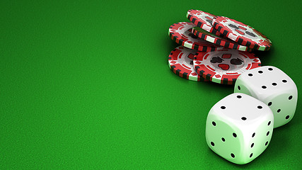 Image showing Casino or roulette chips and dies over green