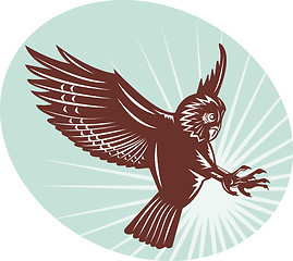 Image showing Owl swooping woodcut style