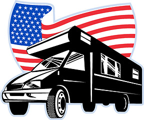 Image showing Camper van with american with stars and stripes flag