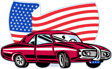 Image showing American muscle car with stars and stripes flag