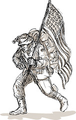 Image showing American soldier in full battle gear carrying flag