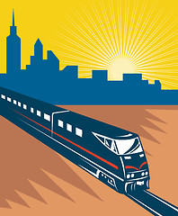 Image showing Speeding passenger train city skyline