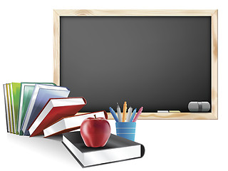 Image showing Classroom with Chalkboard Books Pens and Apple