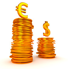 Image showing Golden Euro and Dollar symbols over coins stacks