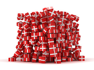 Image showing Pile of red gift boxes with presents 