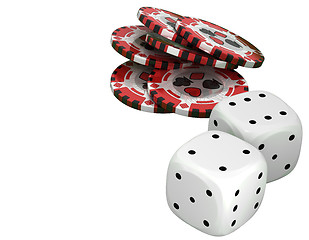 Image showing Casino or roulette chips and dies over white