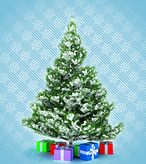 Image showing Xmas tree with presents over blue snowflakes