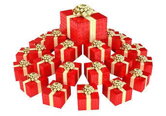 Image showing Cone shaped heap of red gift boxes 