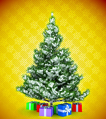 Image showing Christmas tree with gifts over yellow