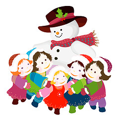 Image showing snowman and kids