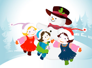 Image showing snowman and kids