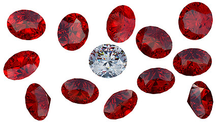 Image showing Large diamond among red rubies