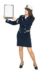 Image showing Woman in uniform sea captain with tablet, isolated on white back