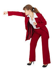 Image showing Woman in red business suit breaks hand