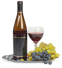 Image showing Still life - bottle of wine glass and grapes on white