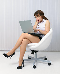 Image showing Frightened woman looks at computer screen