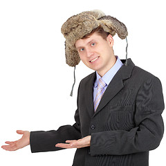 Image showing Hospitable russian businessman in fur hat