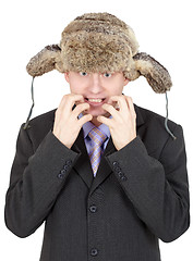 Image showing Emotional comical Russian man in fur hat