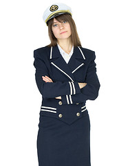 Image showing Serious woman in uniform sea captain on white background