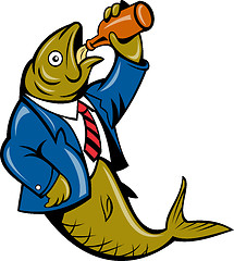 Image showing cartoon Herring fish business suit drinking beer