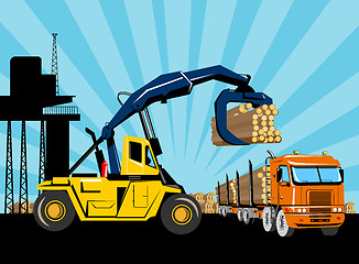 Image showing logging truck being loaded logs by a forklif