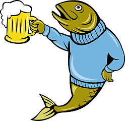 Image showing cartoon Trout fish wearing sweater holding a beer