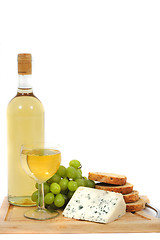 Image showing wine, grapes, cheese and bread on the white background