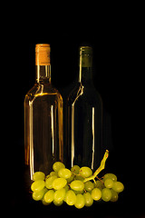 Image showing bottles of wine and grapes in the dark night