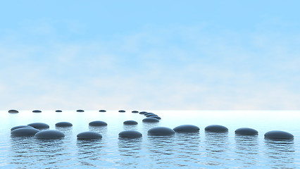 Image showing Harmony concept. Pebble path on water 