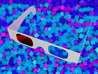 Image showing Modern cinema 3D glasses on colorful cubes