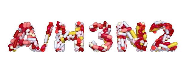 Image showing Swine Flu H3N2 virus - word assemled with pills