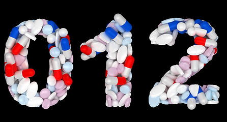 Image showing Pills font 0 1 and 2 numerals isolated