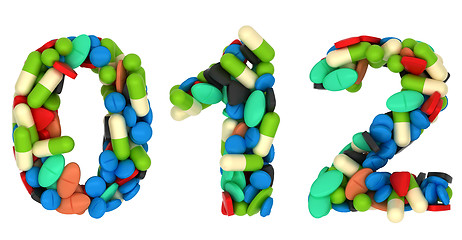 Image showing Pills font 0 1 and 2 numerals isolated 