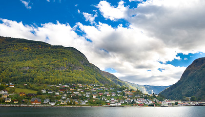 Image showing Mountains, village and Norwegian fiord