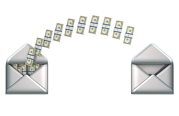Image showing Money transfer - US dollars and 2 envelopes