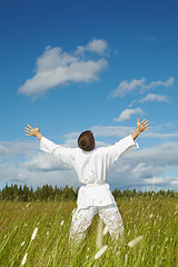 Image showing Happy person rejoices lives on nature