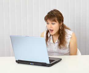 Image showing Excited, screaming woman looking at laptop screen