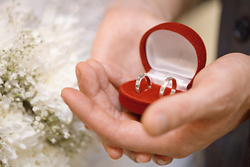 Image showing Hands of groom and bride hold casket with rings