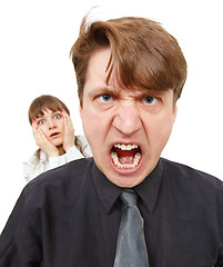 Image showing Man angry, he was furious. Woman in horror.