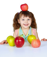 Image showing Little girl placed apple on head