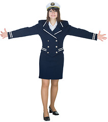 Image showing Woman in a uniform of seaman shows broad gesture hands
