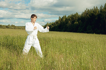 Image showing Man in kimono trains karate in open air