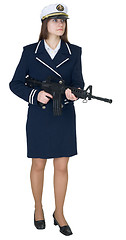 Image showing Woman in uniform sea captain with rifle, isolated on a white